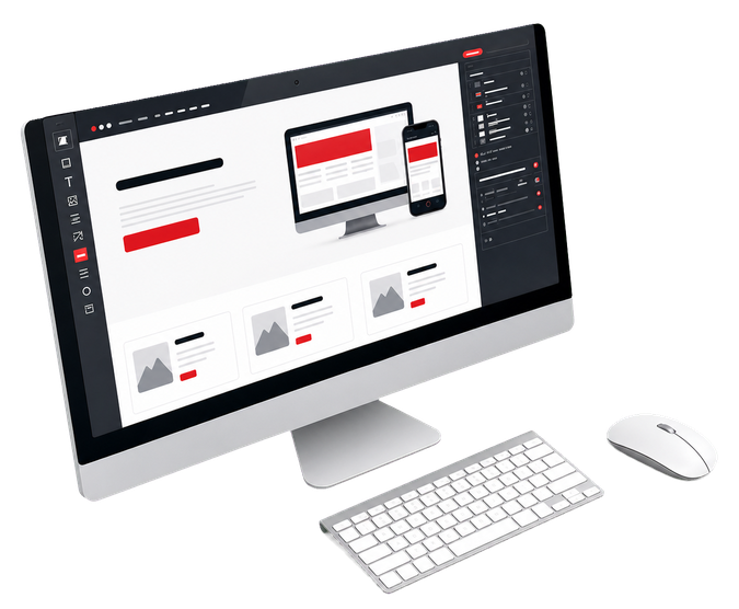 An angled desktop monitor, keyboard, mouse, and design tool showing a responsive website template mockup