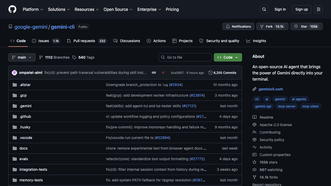 Gemini CLI GitHub page screenshot